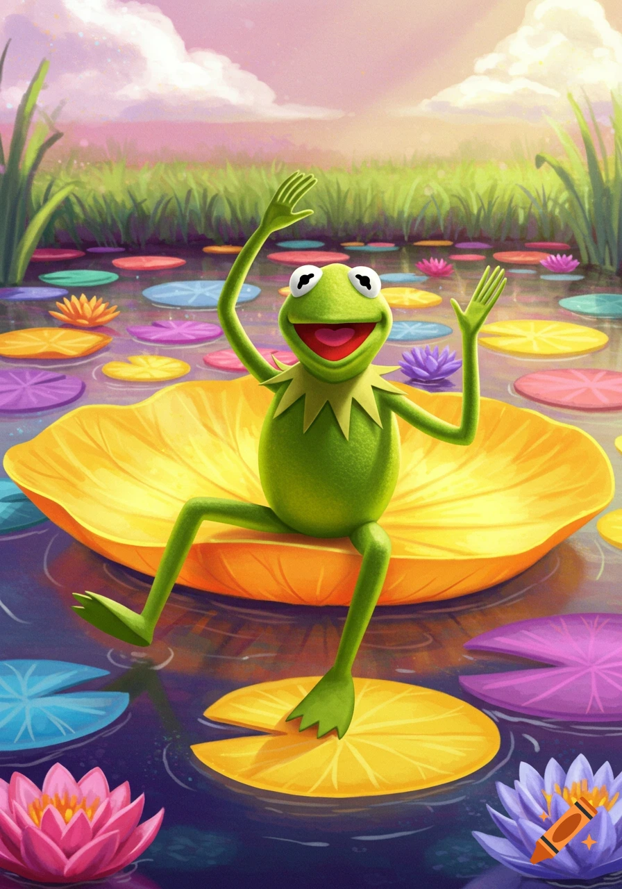 Colorful illustration of Kermit the Frog sitting on a large lily pad in a pond, waving.