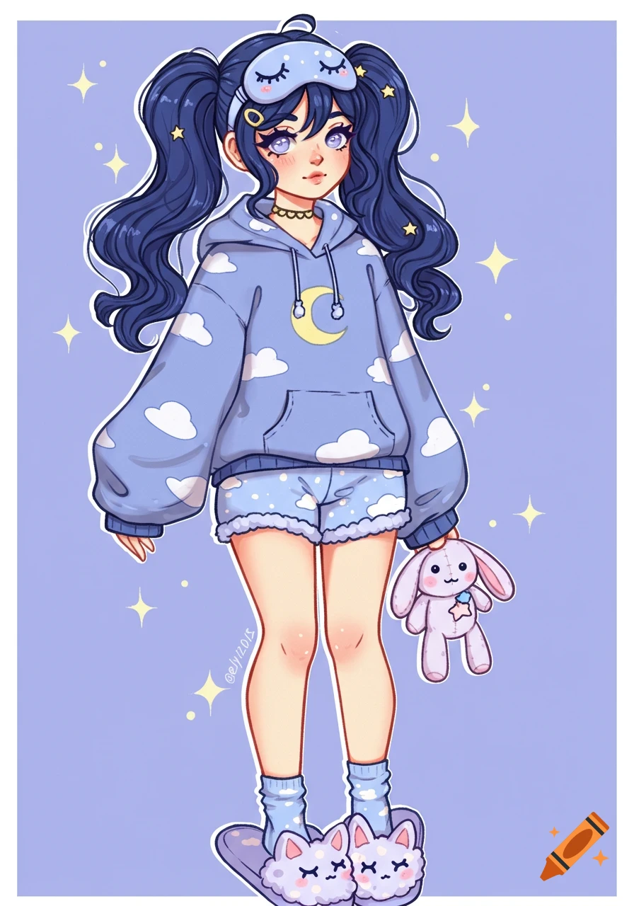 A cute cartoon girl in blue cloud pajamas, sleep mask, and cat slippers holds a pink plush bunny.