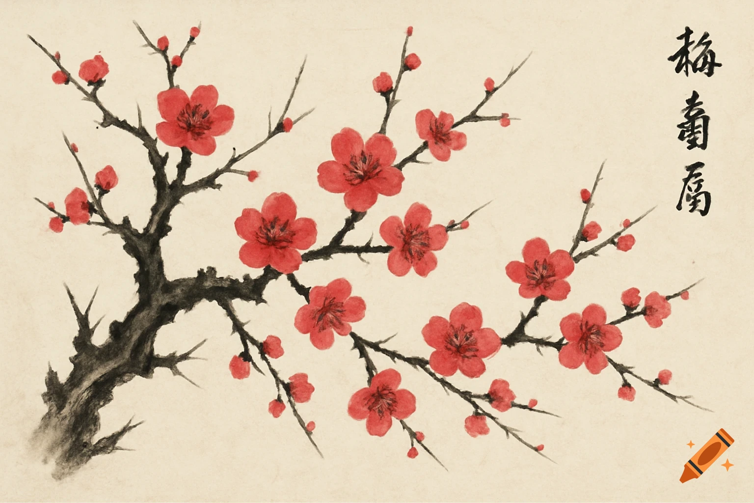 Traditional ink painting of red plum blossoms on a branch with calligraphy.