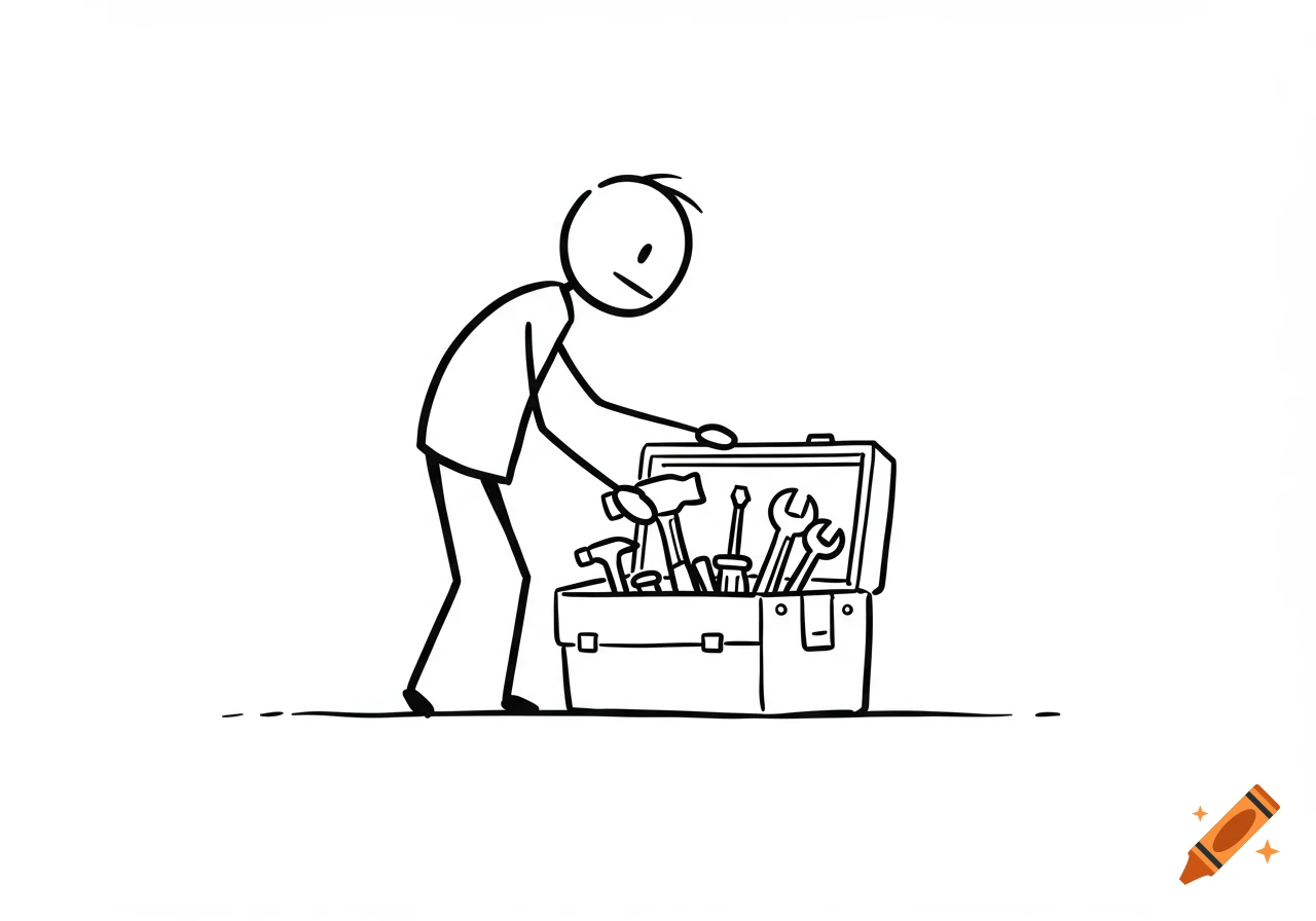 Black and white stick figure drawing of a person looking into a toolbox filled with tools.