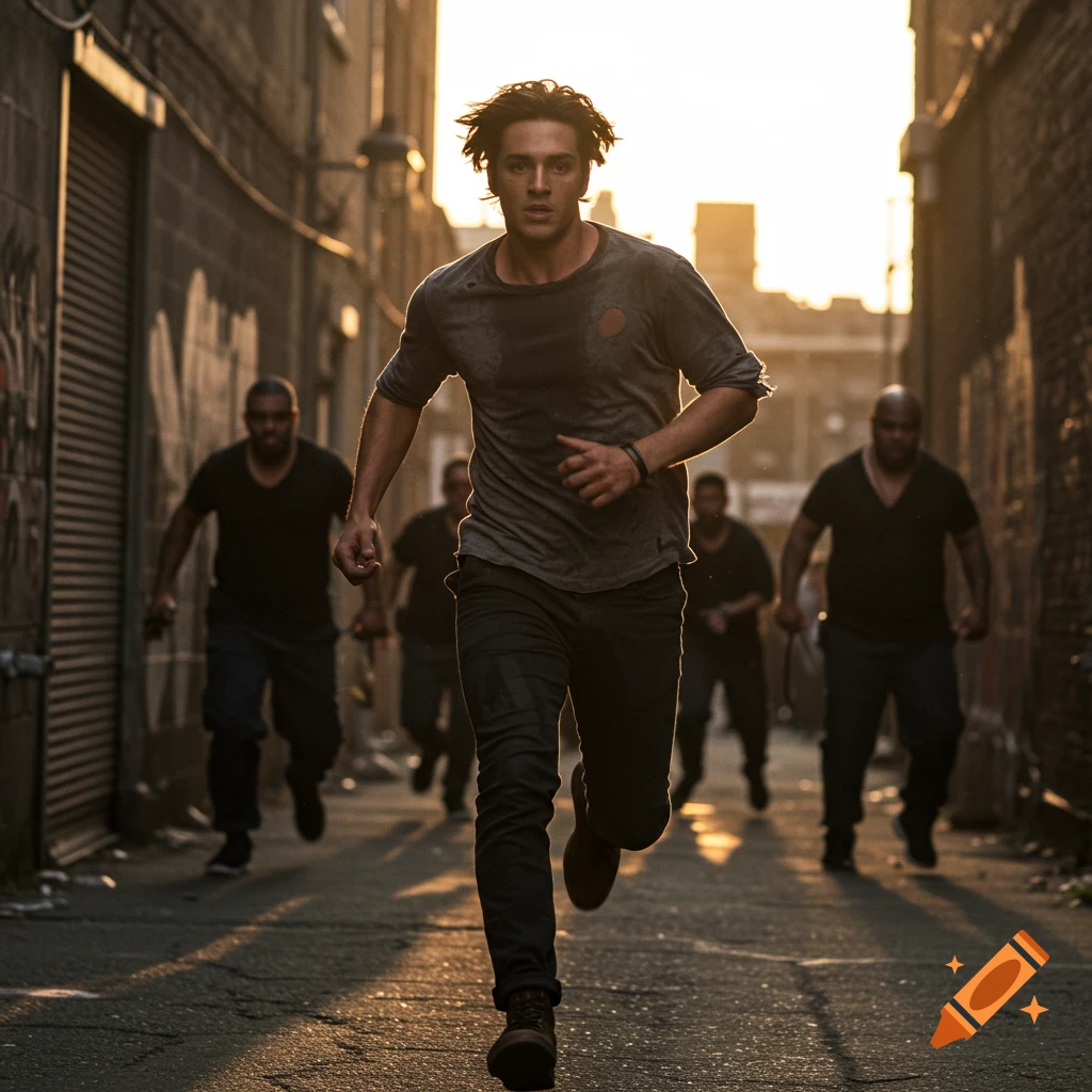 Man runs from pursuers in a sunlit urban alley.