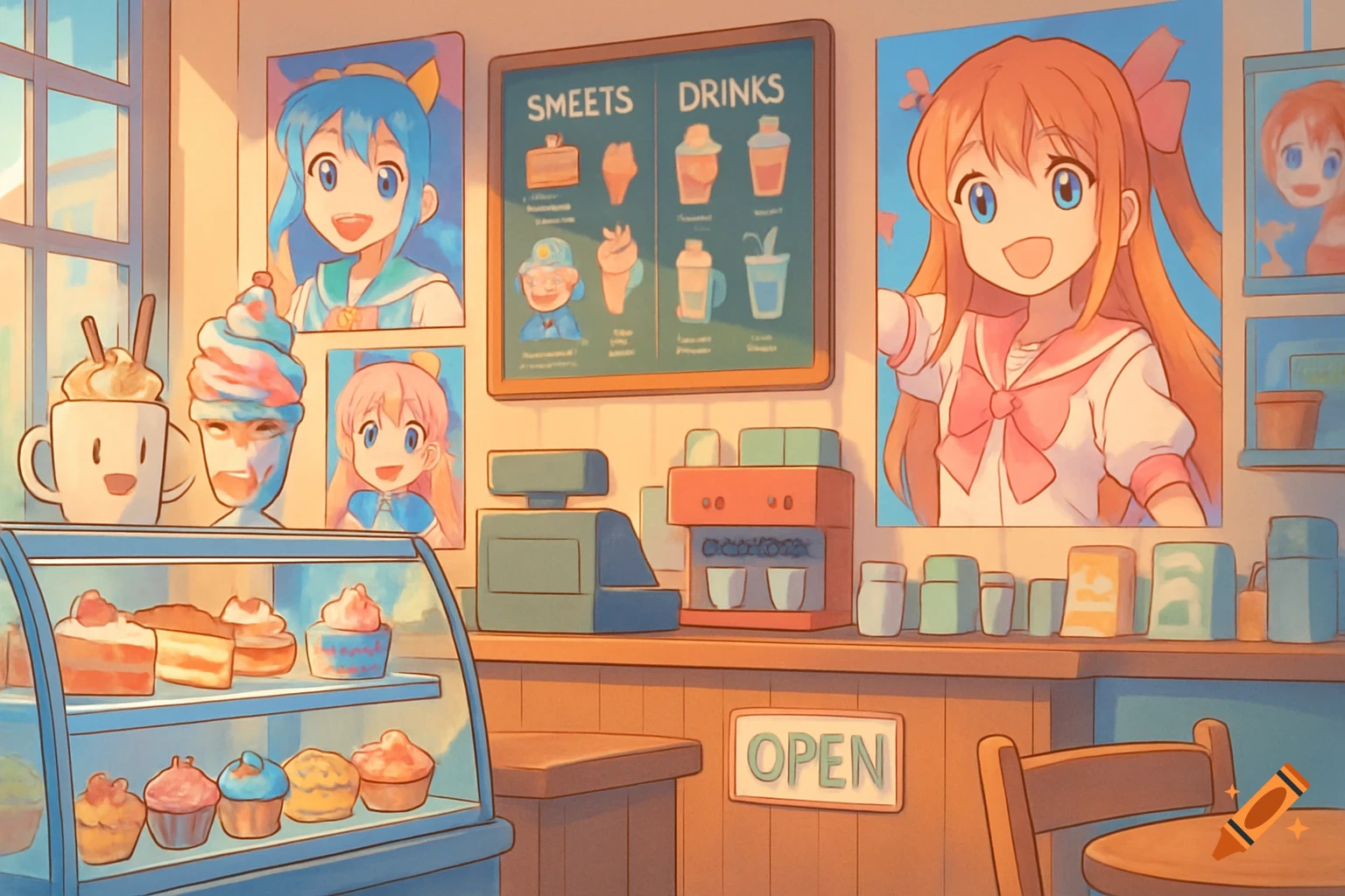 Anime style cafe interior with display case of desserts, menu, and posters of anime characters.