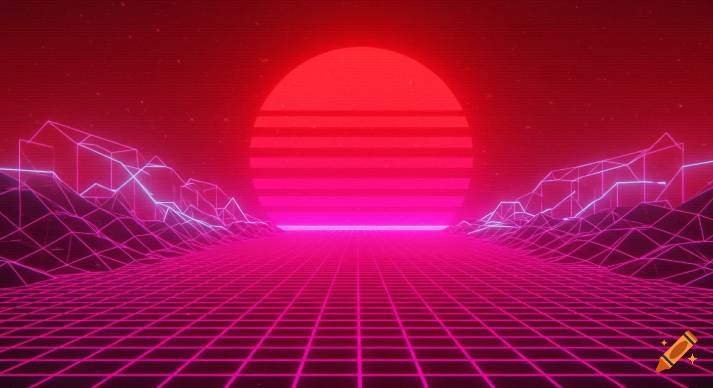 Retrowave landscape with grid floor, wireframe mountains, and sun in red and magenta.