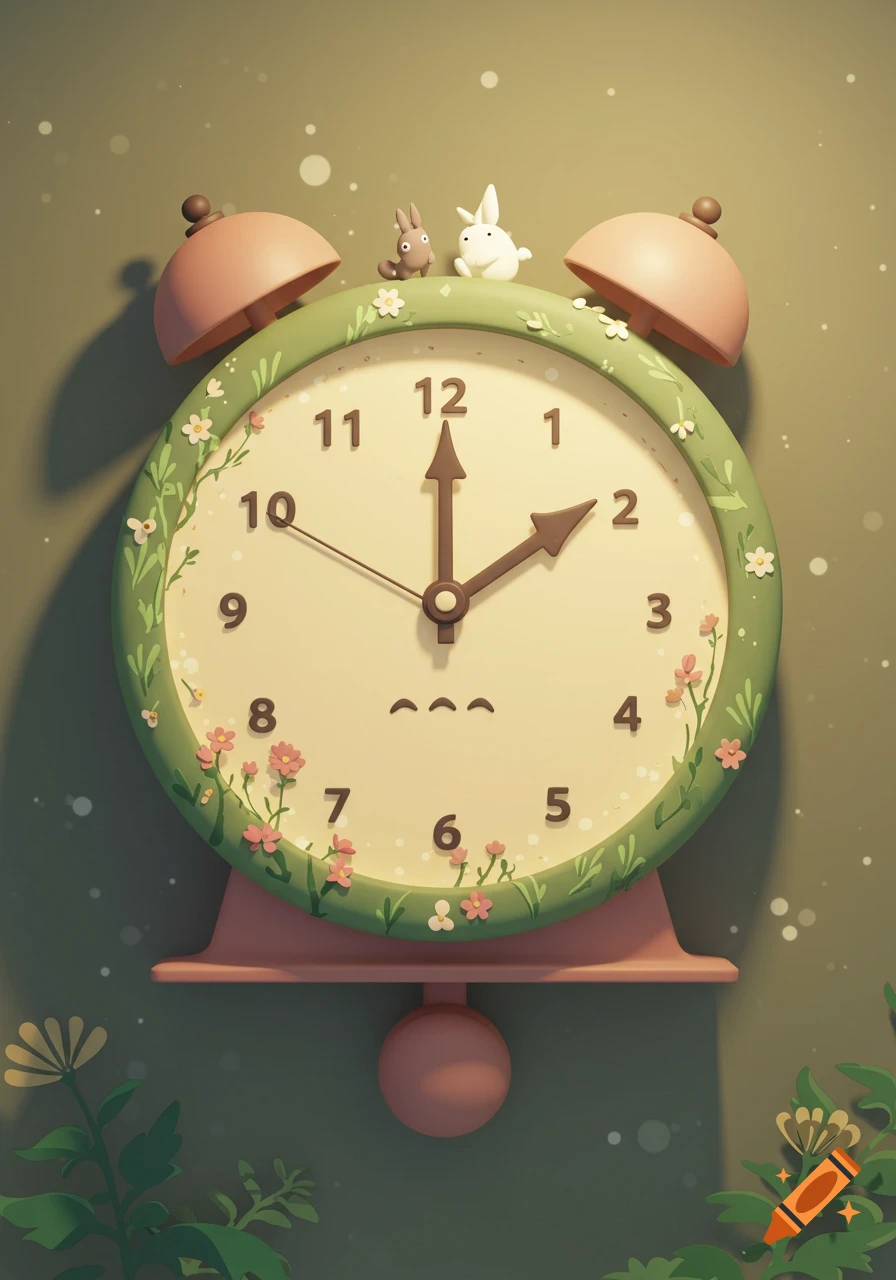 A whimsical Studio Ghibli style alarm clock decorated with flowers and small creatures.