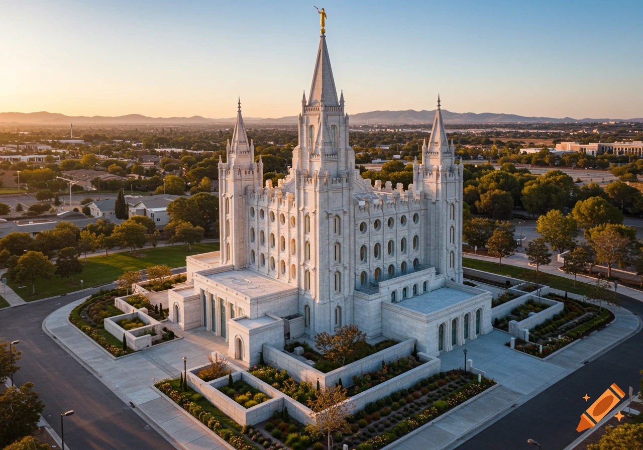 Aerial view of a large white temple with multiple spires and gardens at sunset.