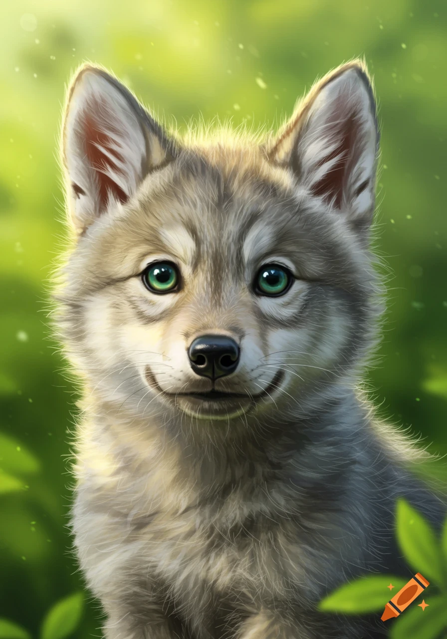 Close-up digital illustration of a cute baby wolf with large green eyes and gray fur, smiling slightly amidst blurred green foliage.