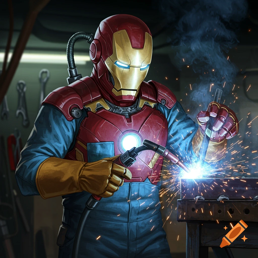 Iron Man in a workshop welds metal, sparks flying, comic book style.