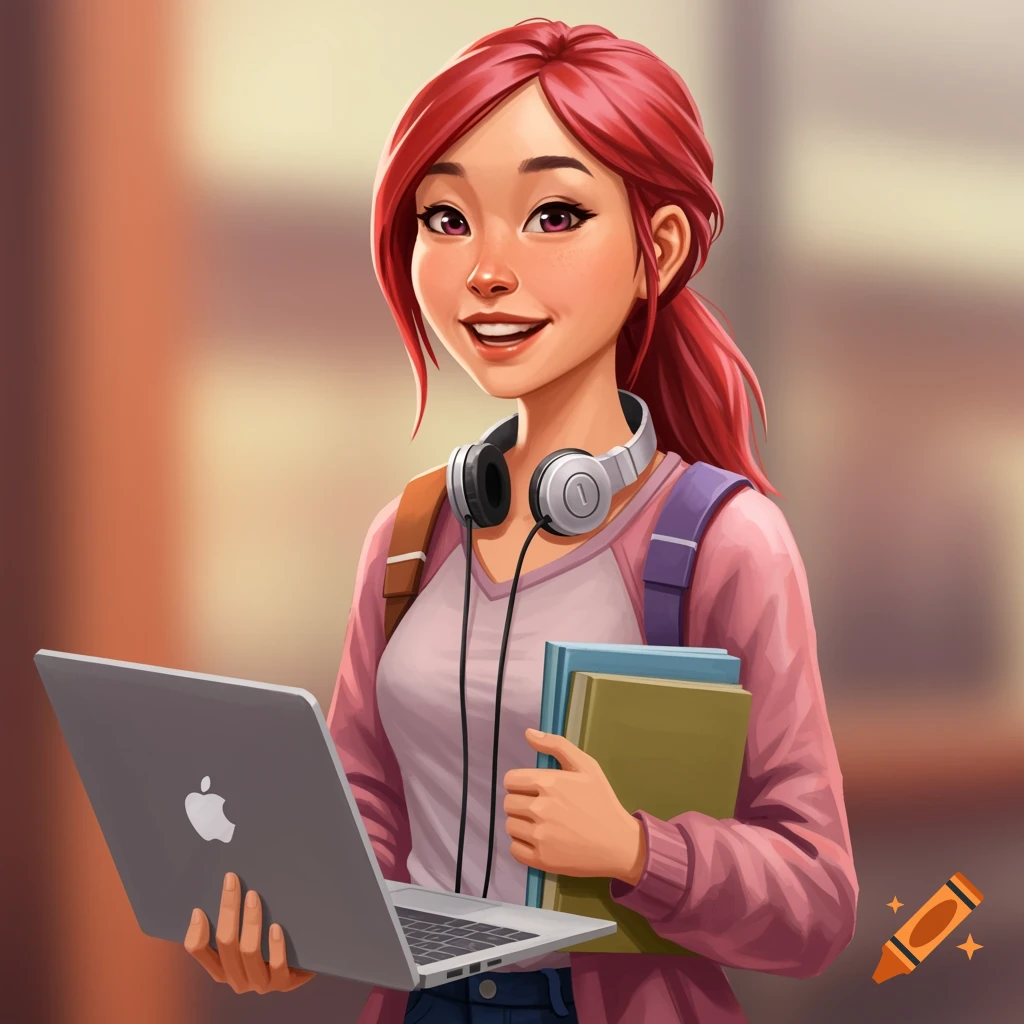 A stylized illustration of a young woman student smiling, holding a laptop and books.