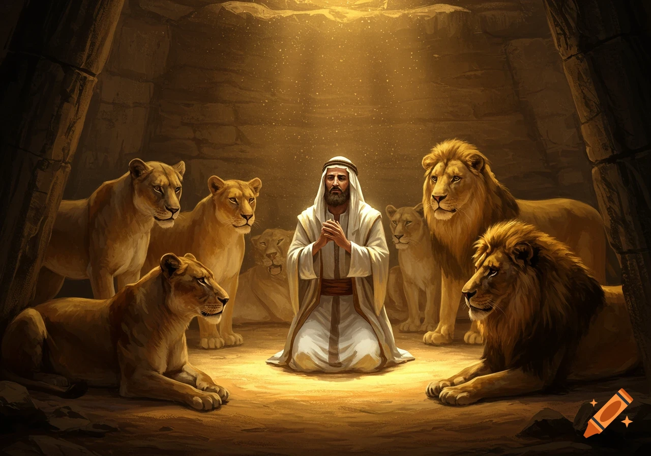Prophet praying in a cave surrounded by lions, bathed in divine light.