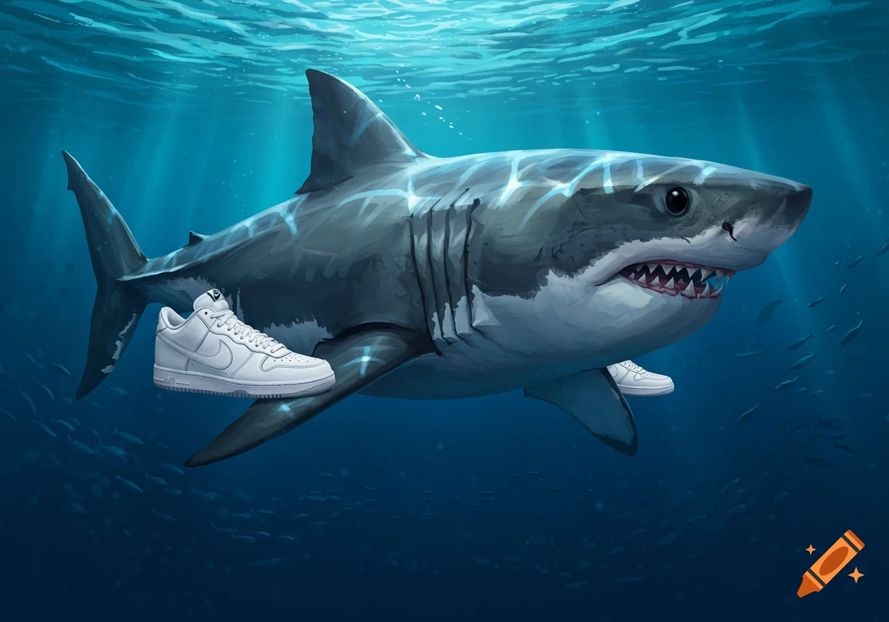 A great white shark swims underwater, wearing white sneakers on its fins.