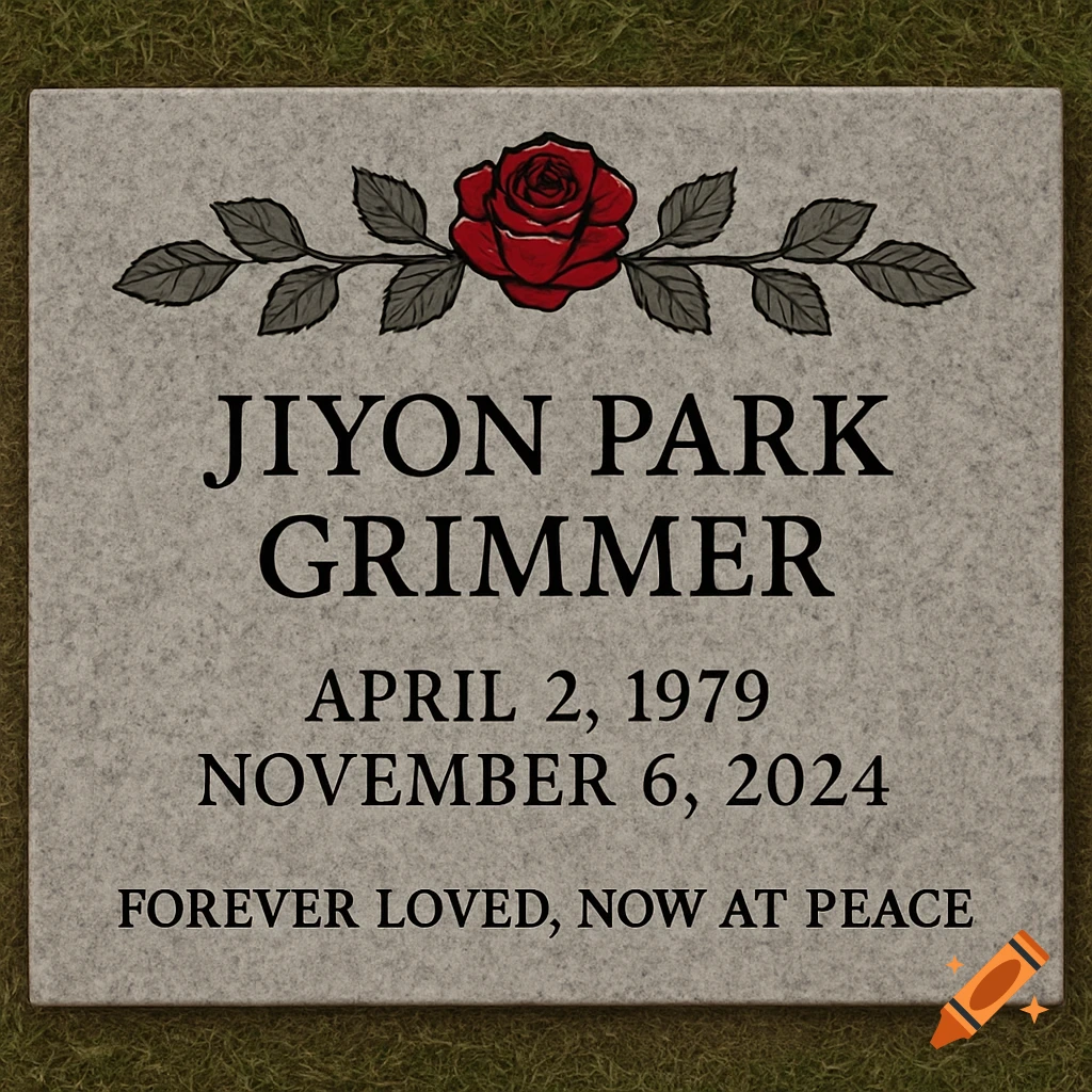 A grave marker with a red rose design etched at the top and text including a name and dates.