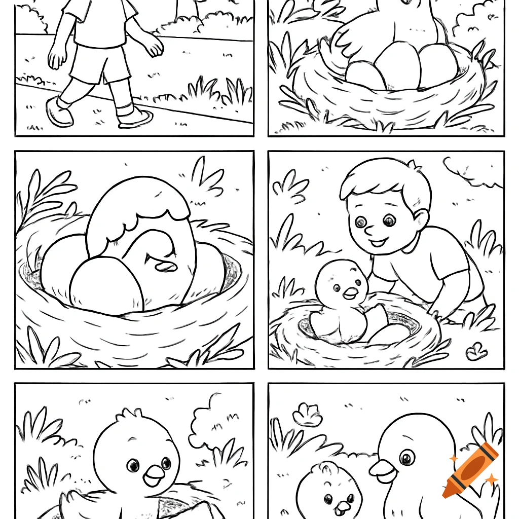 Coloring book comic strip showing a child, a hen on a nest, hatching eggs, and baby chicks.