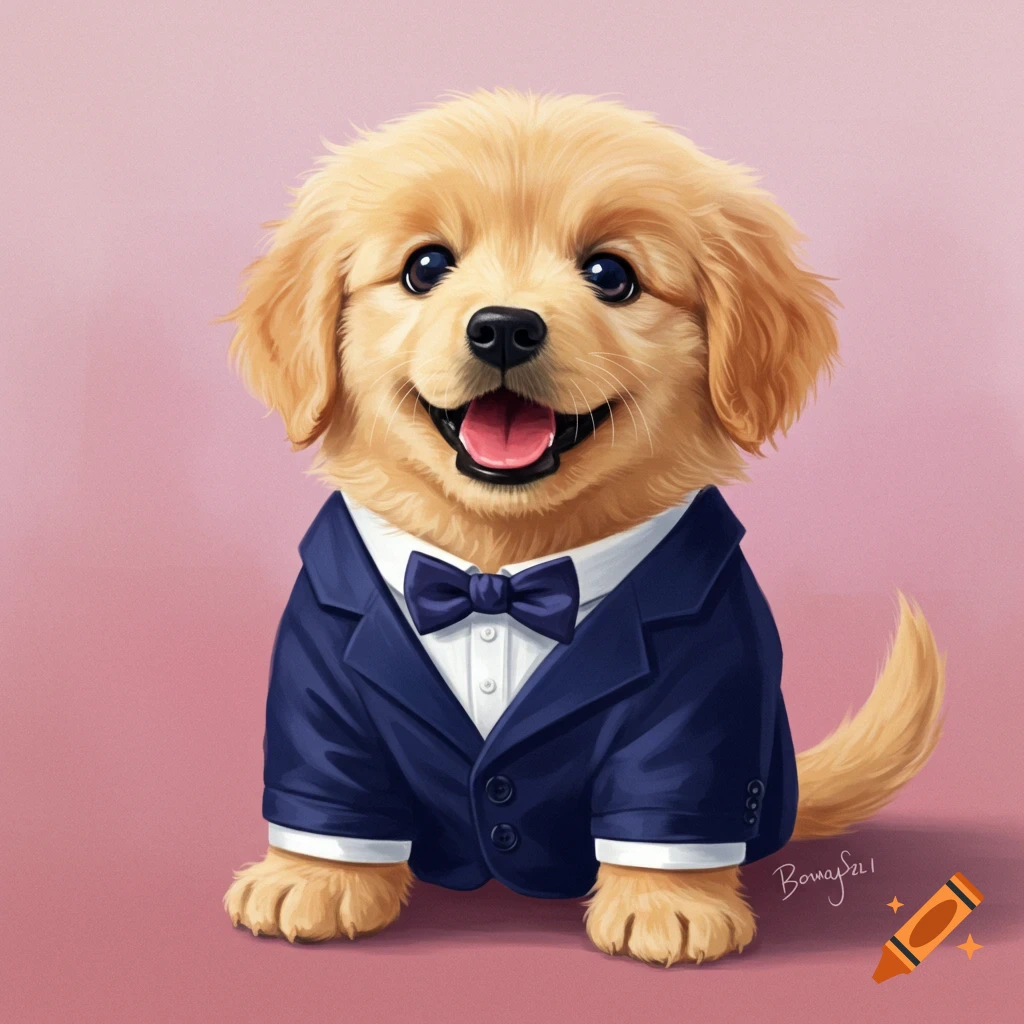 A cute golden retriever puppy sits wearing a blue suit and bow tie, smiling against a pink background.
