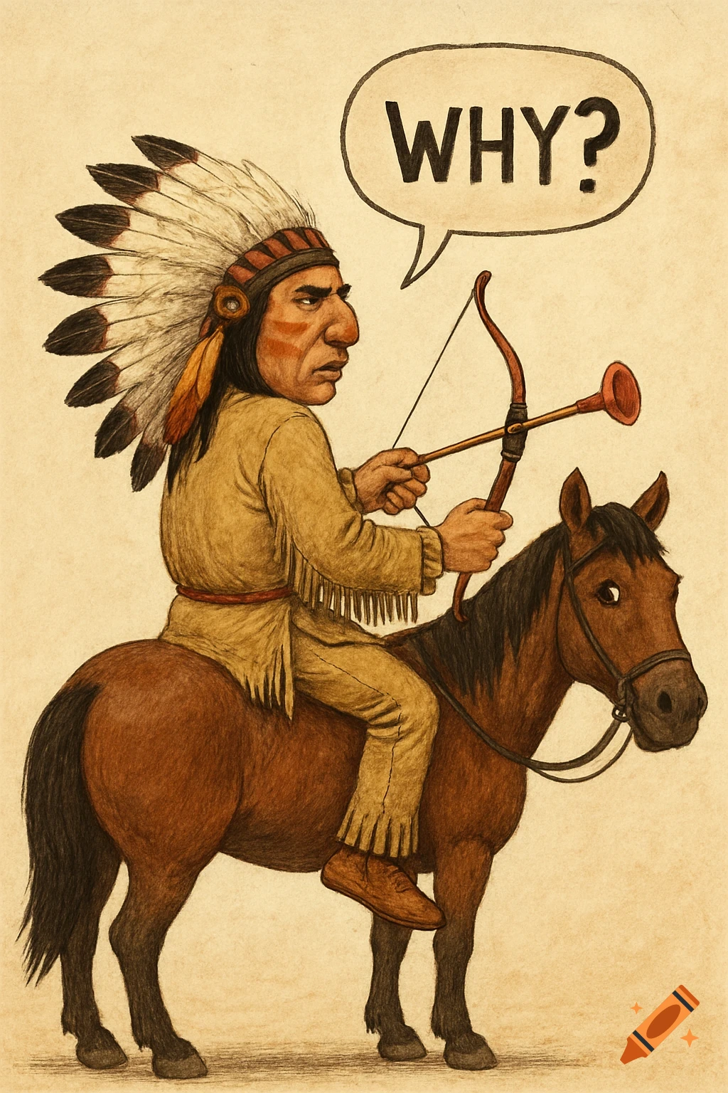 Cartoon illustration of a Native American chief on a horse backwards holding a bow with a plunger, saying "WHY?" in a speech bubble.