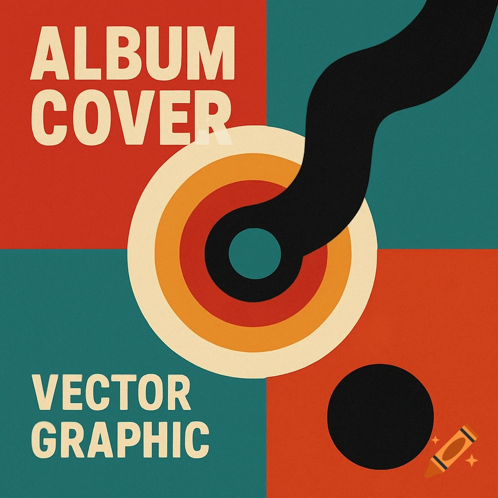 Graphic design in retro style with text "ALBUM COVER" and "VECTOR GRAPHIC", featuring abstract record player and colored rings.