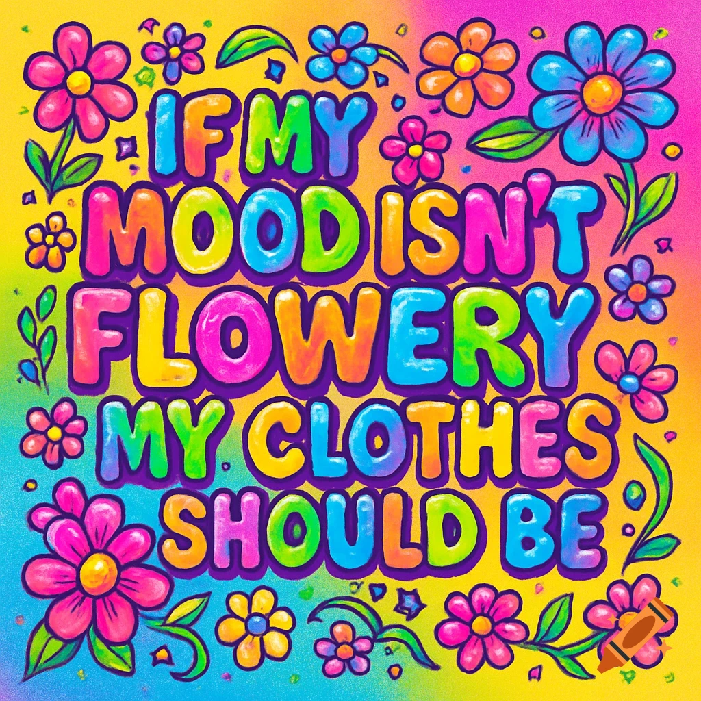 Colorful bubble letters spelling 'If my mood isn't flowery my clothes should be' surrounded by whimsical flowers on a bright gradient background.