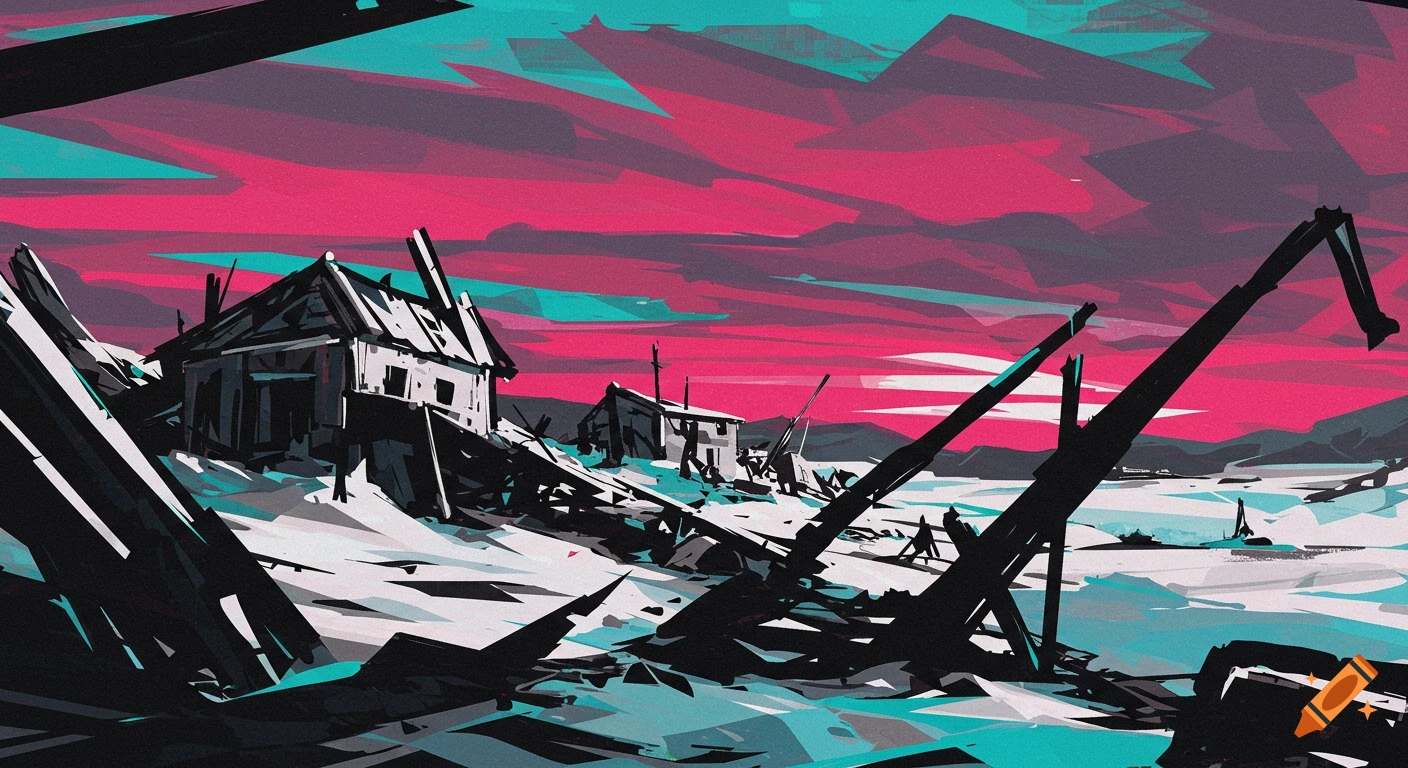 Abstract painting of a ruined town in an arctic landscape under a vibrant pink and teal sky, rendered with harsh lines.