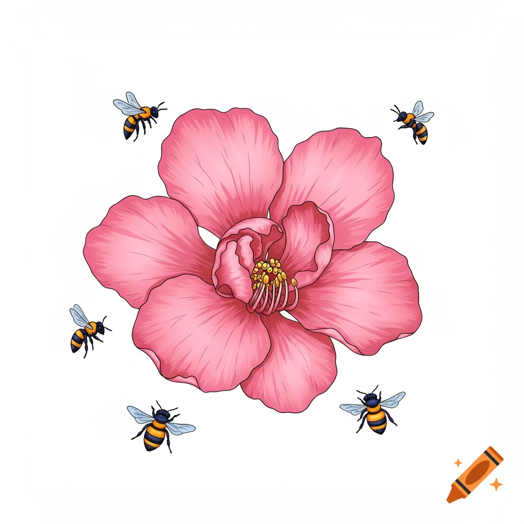Botanical illustration of a pink flower surrounded by bees on a white background.