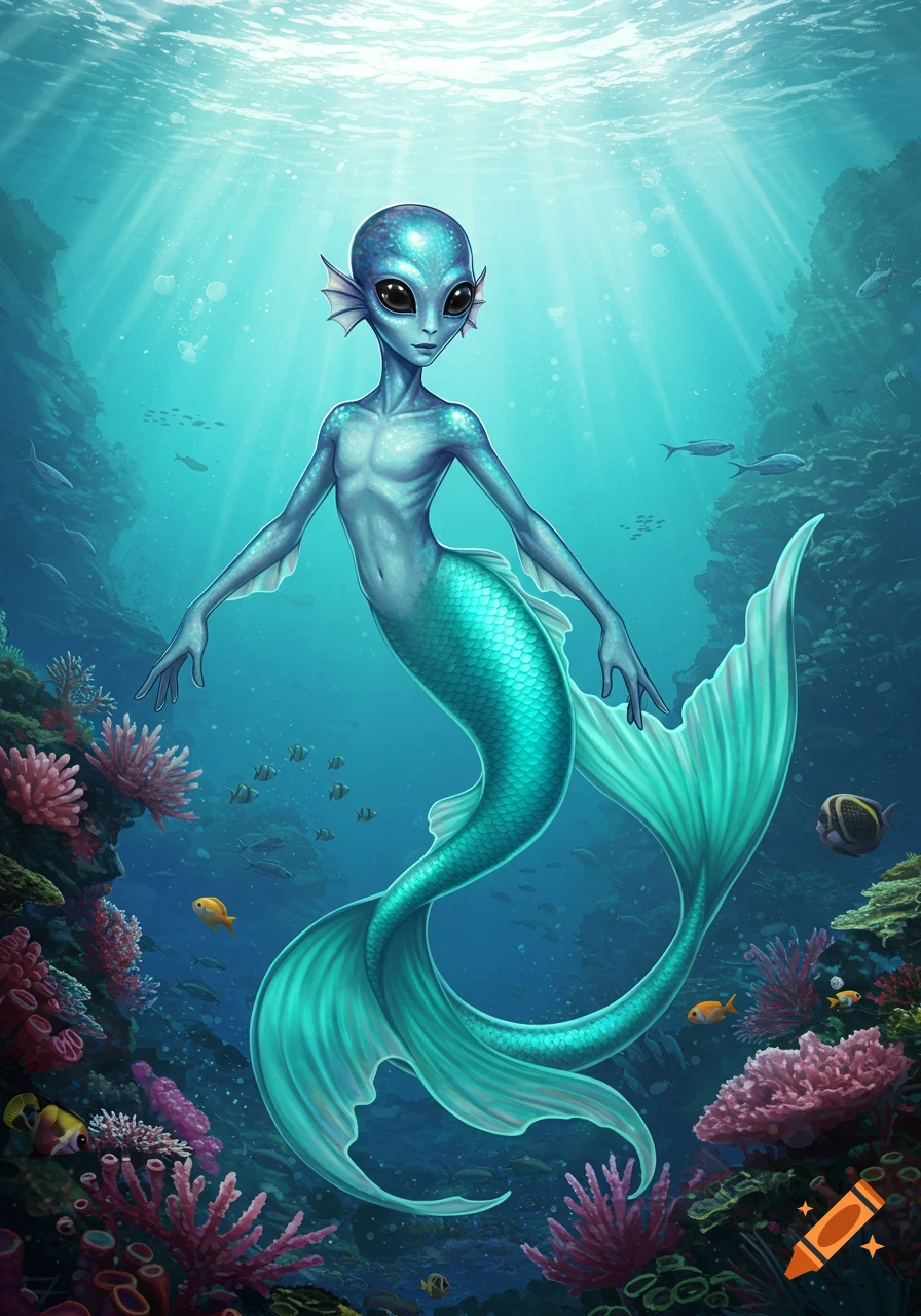 An alien with a mermaid tail swims underwater among coral and fish.