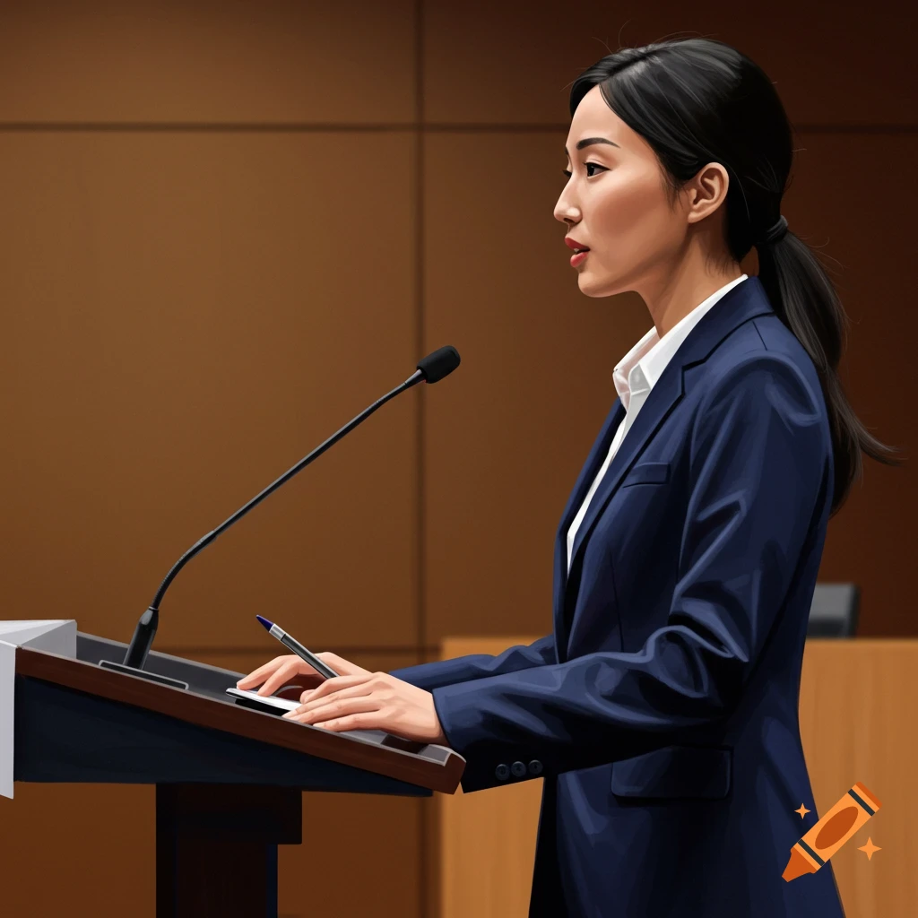Woman in a suit speaking at a podium with a microphone, holding a pen.