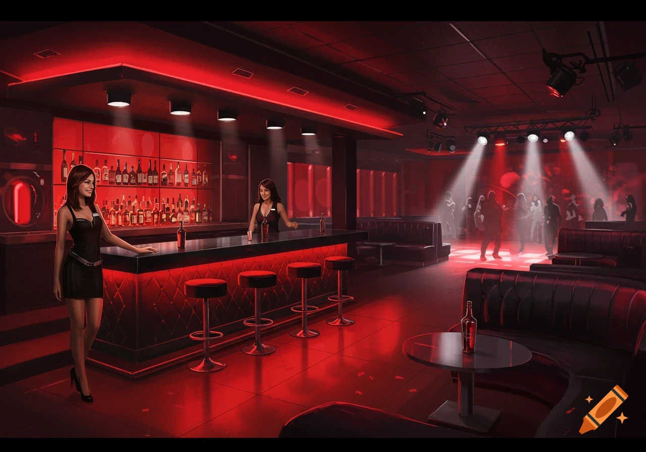 Illustration of a red and black themed club with a hostess behind the bar and people dancing.