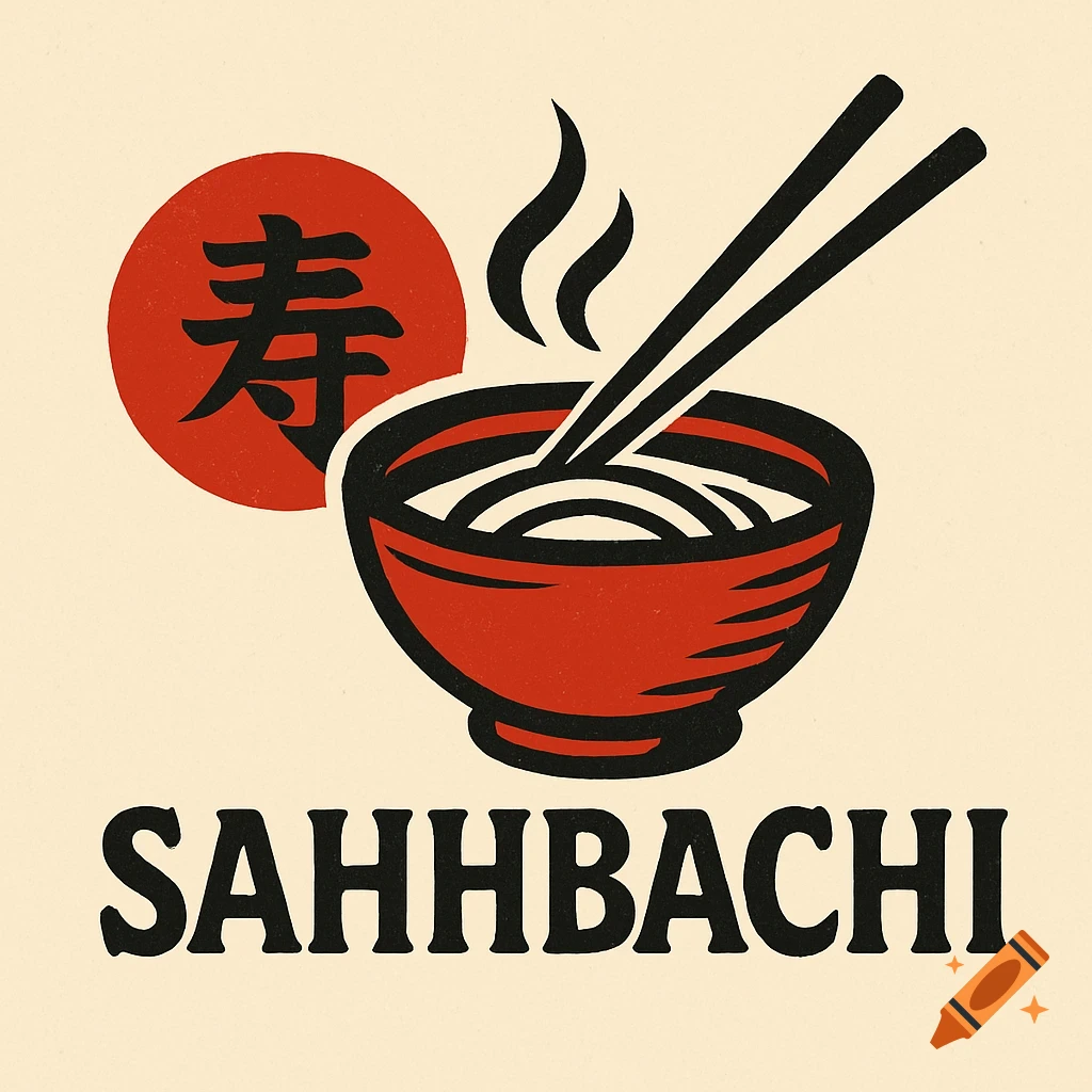 Logo for Sahhbachi featuring a bowl of noodles with chopsticks and a Japanese character in a red circle, stylized.