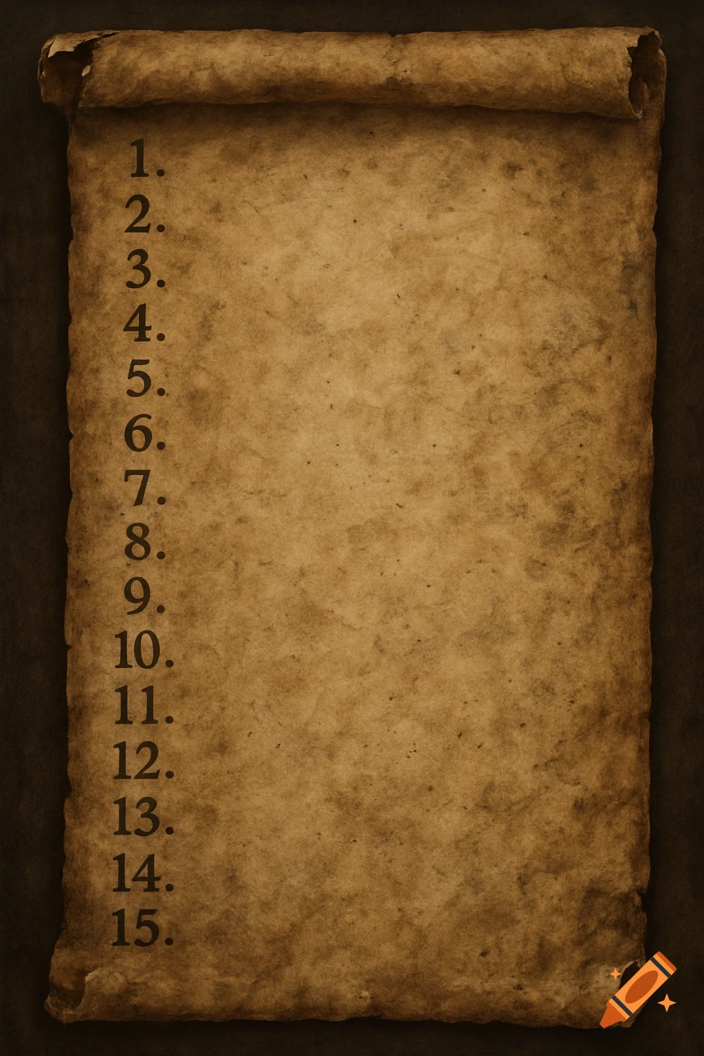 A worn and dirty scroll with numbers 1 through 15 listed on the left side.