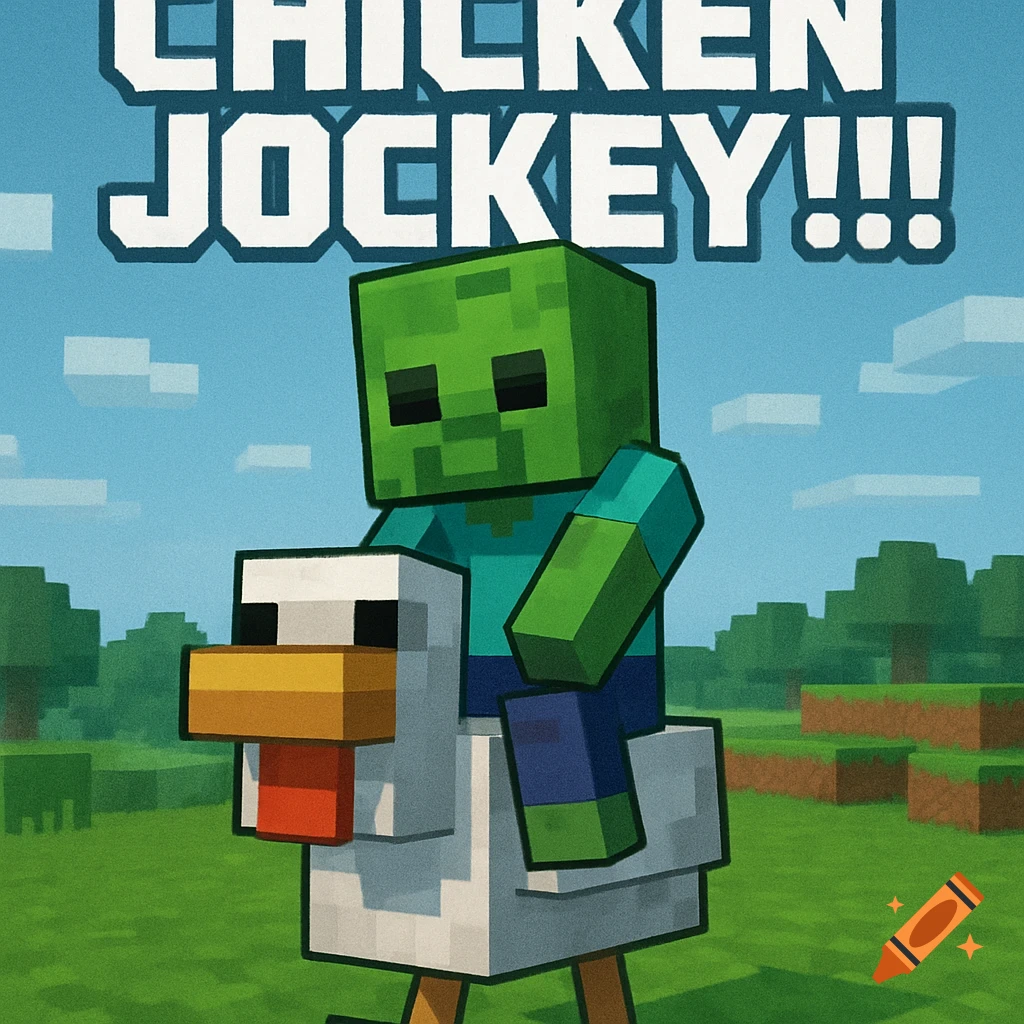 A Minecraft zombie rides a chicken under a blue sky. Text above reads "CHICKEN JOCKEY!!!"