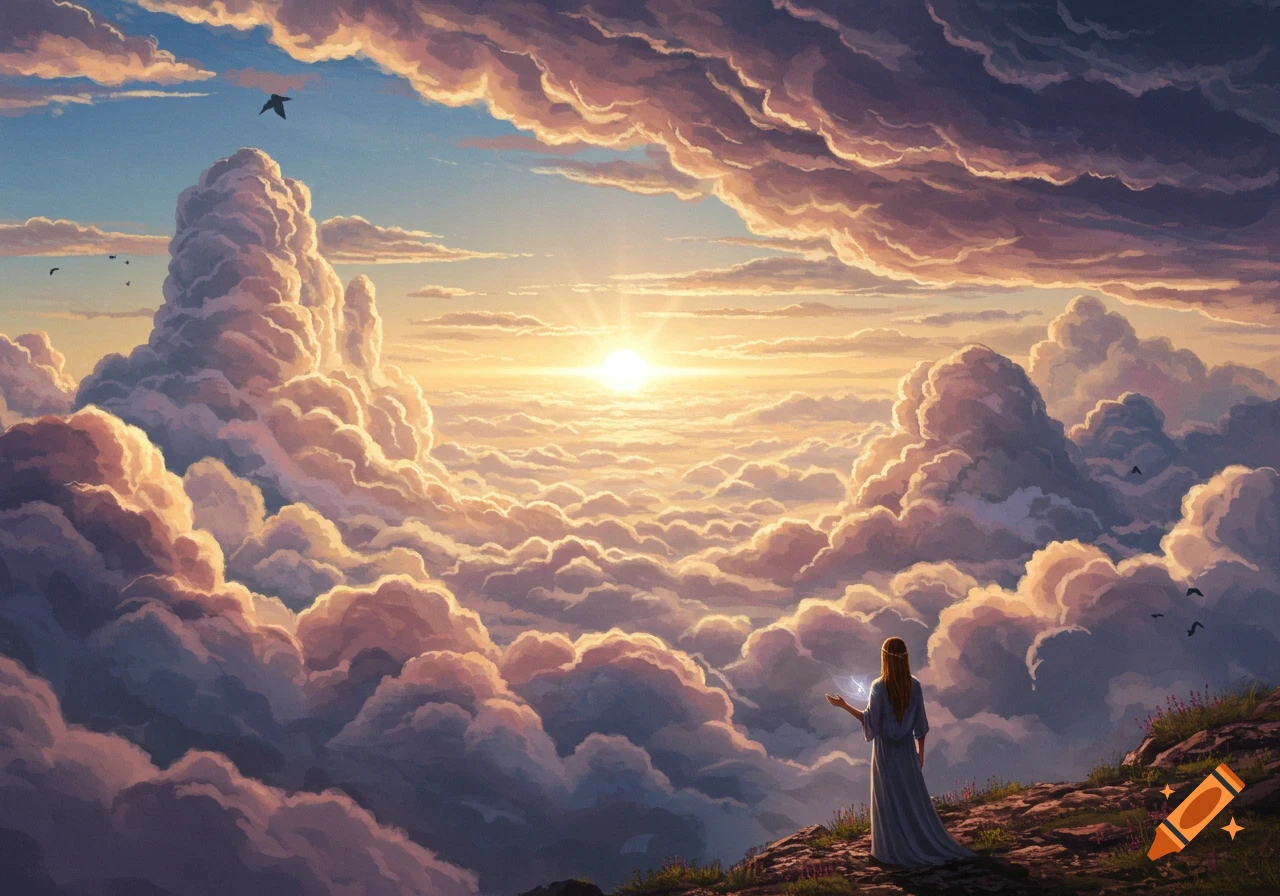 A person stands on a hill looking out over a vast sea of fluffy clouds at sunset or sunrise. Birds fly.