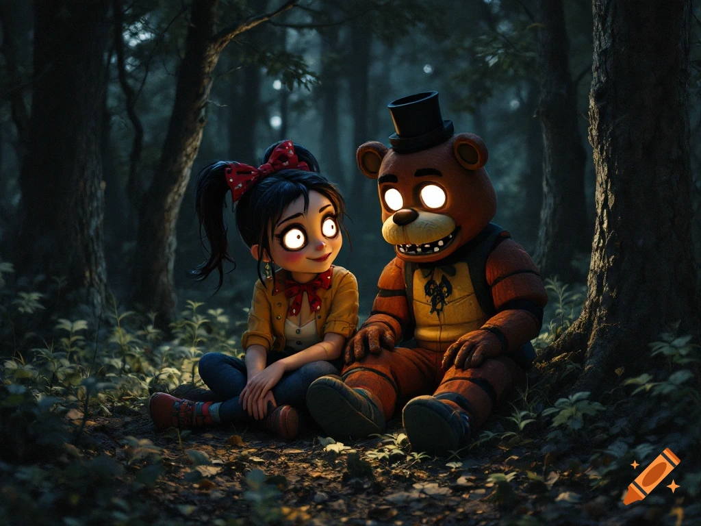 A cartoon-like girl and a bear character sit in a dark forest at night.
