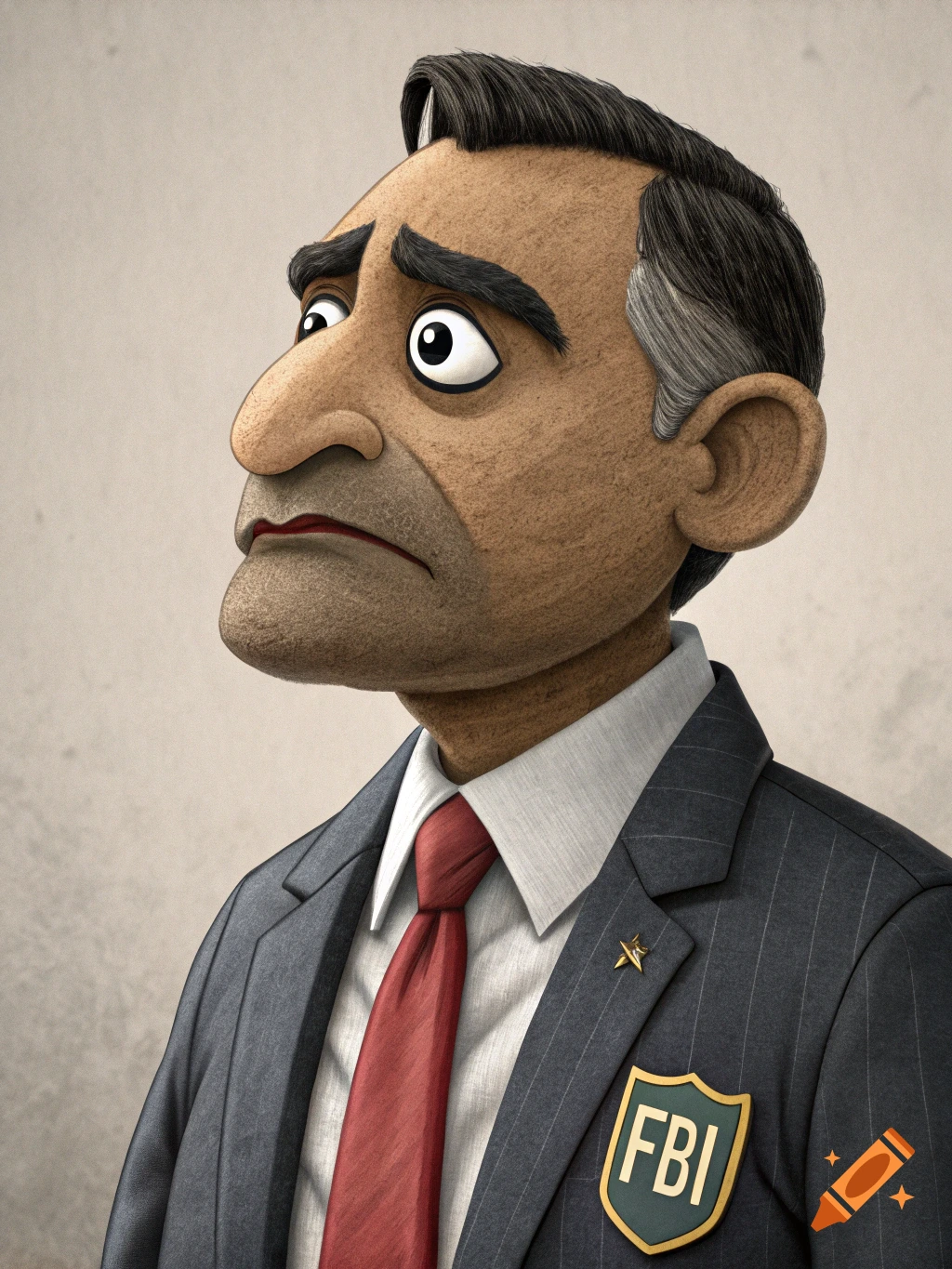 Cartoon puppet portrait of a man in a suit with an FBI badge looking worried.