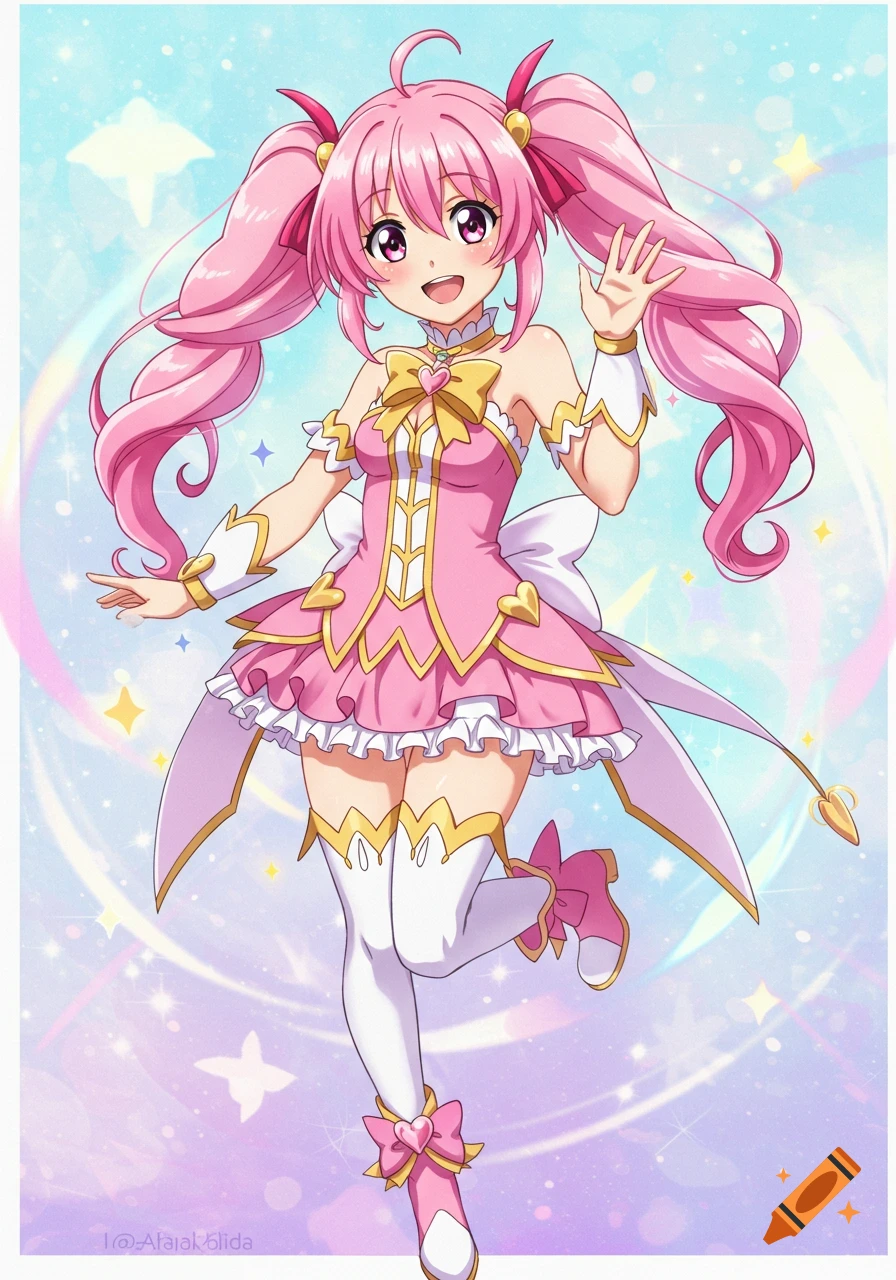 Anime girl with pink hair in a magical girl outfit smiling and waving