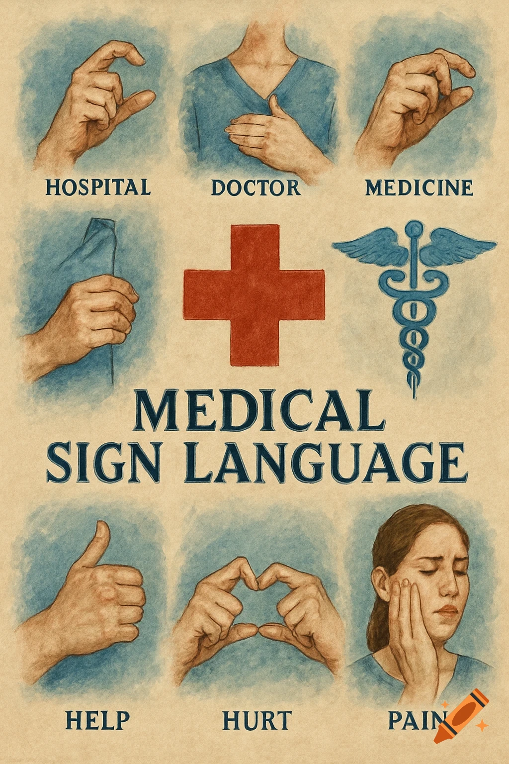 Watercolor illustration of medical sign language signs: hospital, doctor, medicine, help, hurt, pain, with symbols.