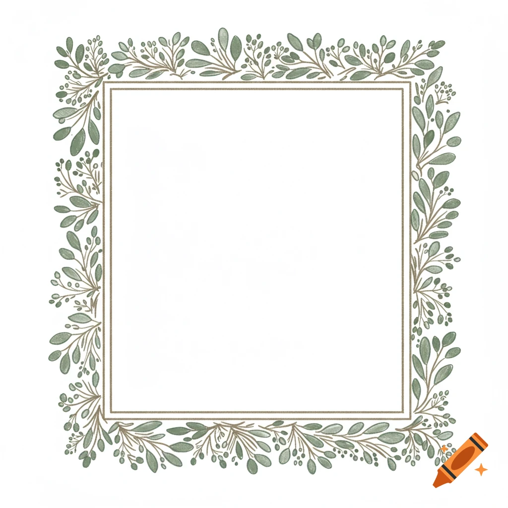 A picture frame decorated with a green leaf and branch pattern.