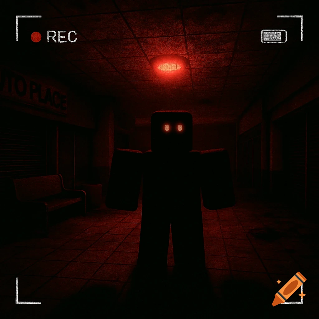 Spooky figure with glowing eyes in a dark, red-lit mall hallway viewed through a video recorder GUI.