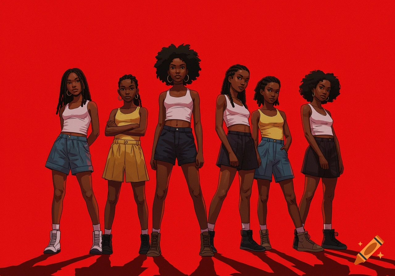 Six young Black girls in casual clothes stand against a red background with dramatic shadows. Illustration style.