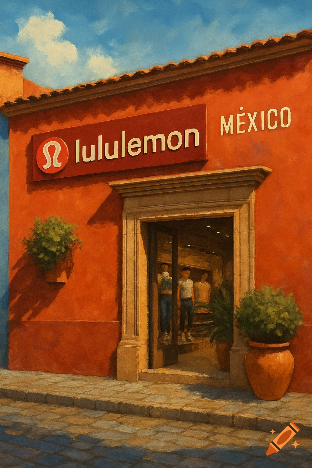 A lululemon store facade in Mexico, depicted in a painterly style.