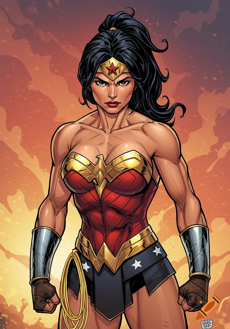 Wonder Woman standing strong in her costume against a fiery sky, comic book style.