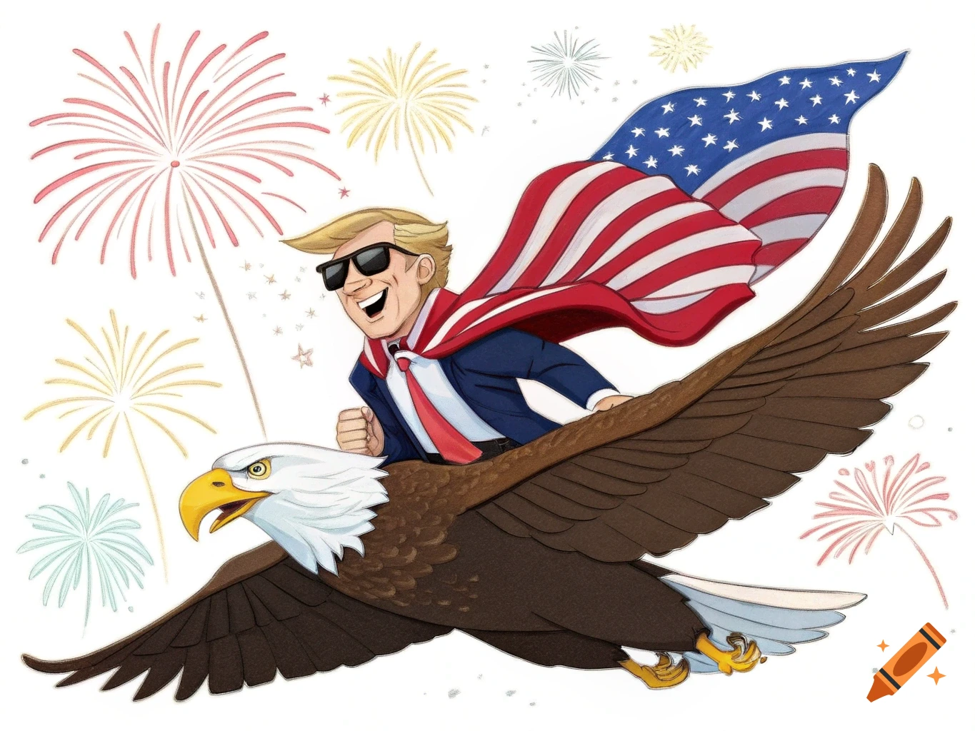 Cartoon of a man resembling Donald Trump riding a bald eagle with an American flag cape and fireworks in the sky.