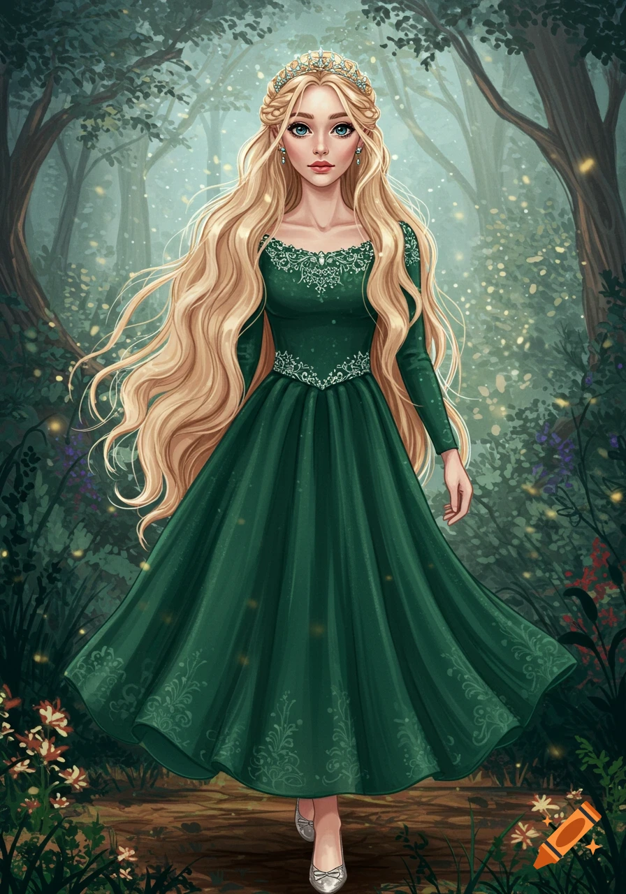 A blonde woman with a crown and a flowing green dress stands on a forest path in a fantasy illustration.