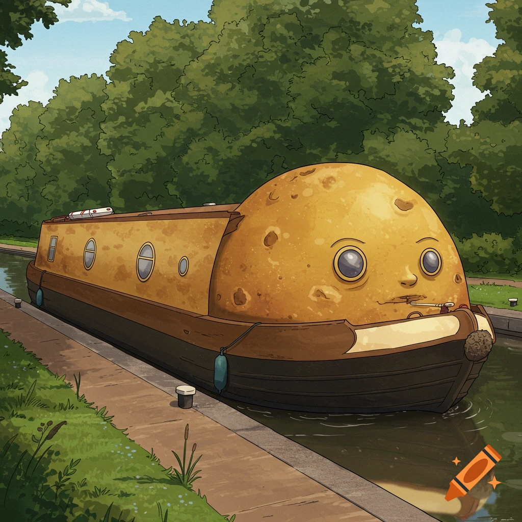 Cartoon illustration of a narrowboat that looks like a jacket potato with a face floating in a canal.