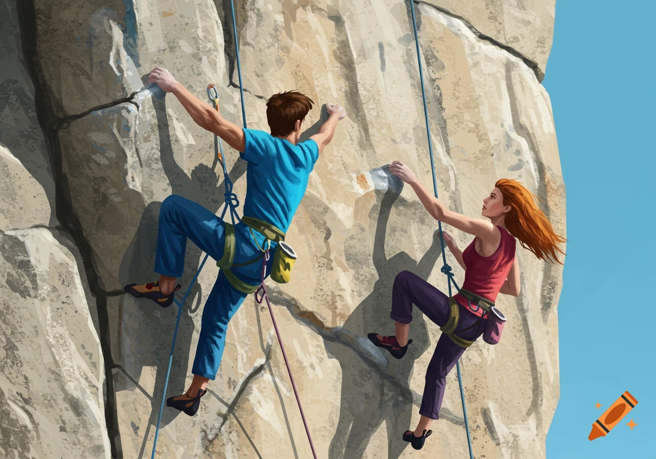 Digital painting of two people rock climbing on a cliff face.