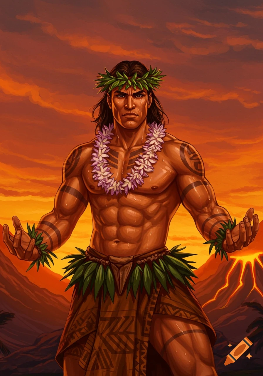 Illustration of a muscular Polynesian warrior in traditional attire standing with hands open before a sunset and volcano.