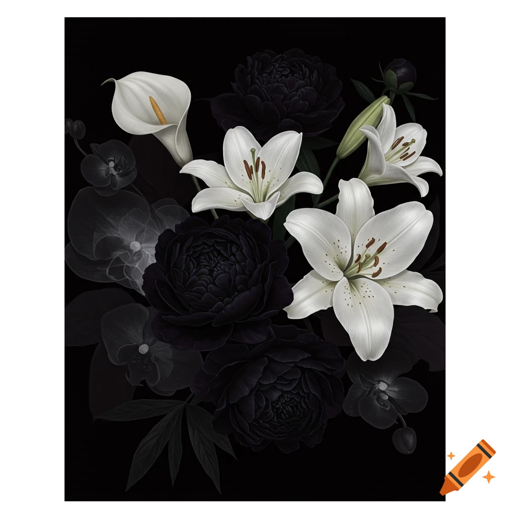 White lilies, black peonies, and ghost orchids in a dramatic botanical illustration on black.
