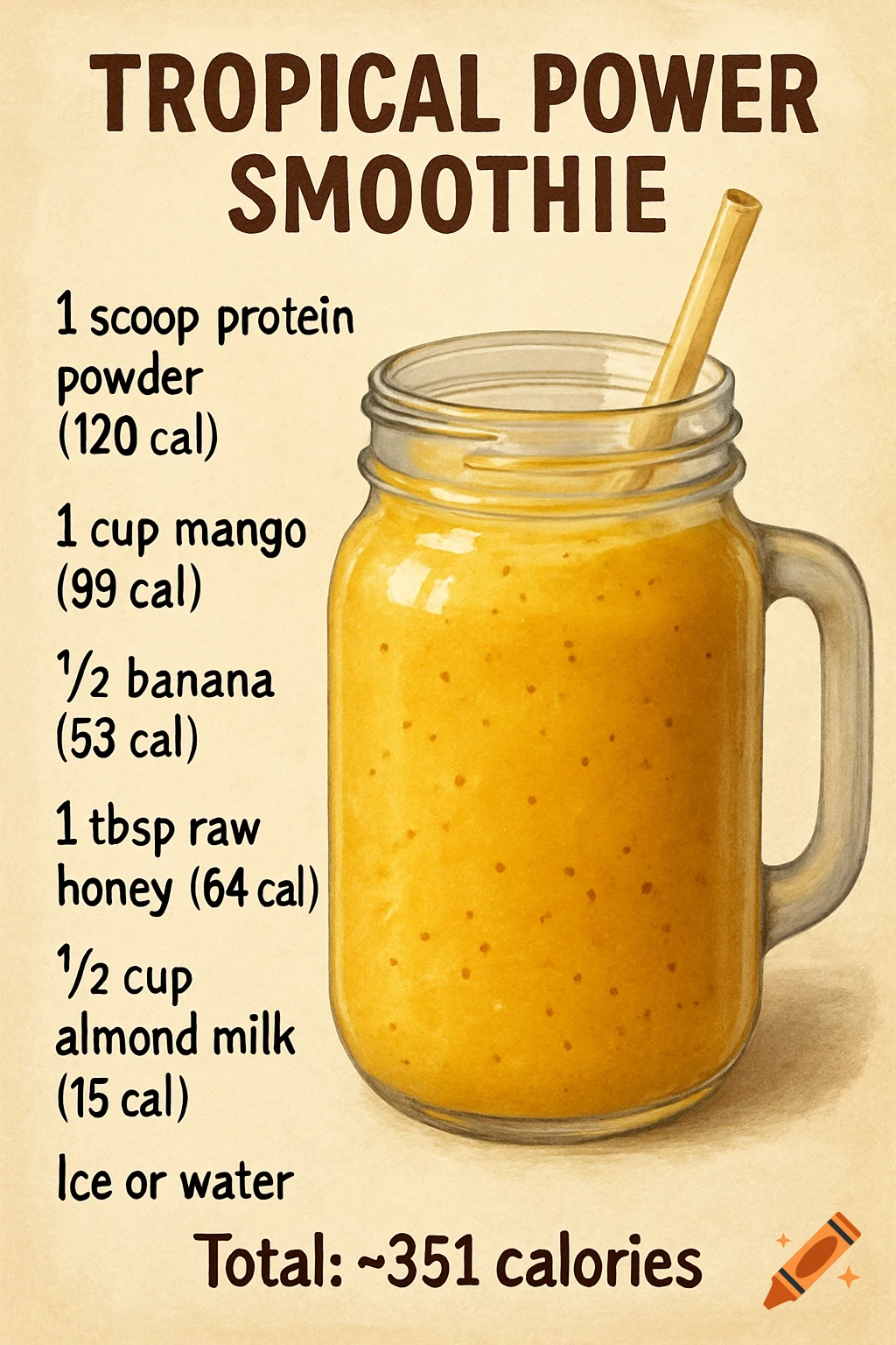 Illustration of a tropical power smoothie recipe with ingredients and calorie count.