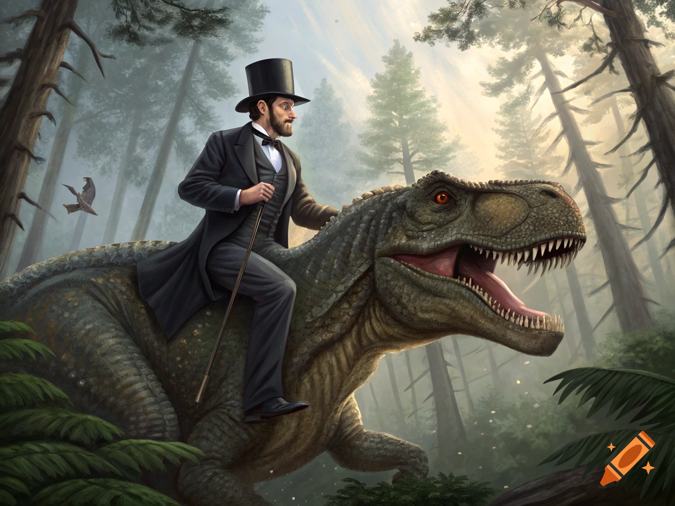 Man in top hat and suit riding a T-Rex through a forest