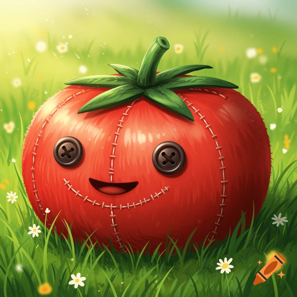 A cute plush tomato with button eyes and a stitched smile sits in a grassy field with flowers.