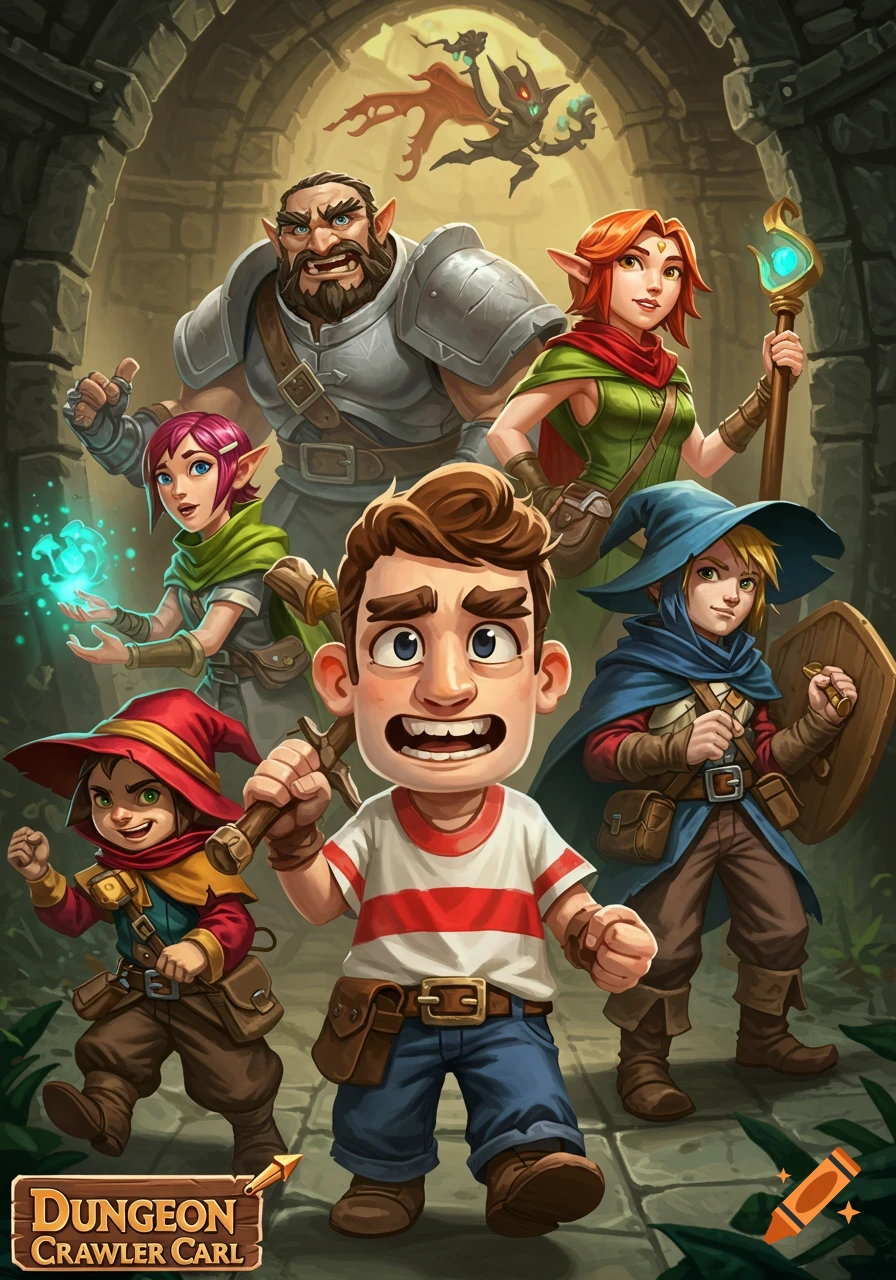 A group of cartoon fantasy characters stand together in a dungeon, with a logo that reads "Dungeon Crawler Carl".