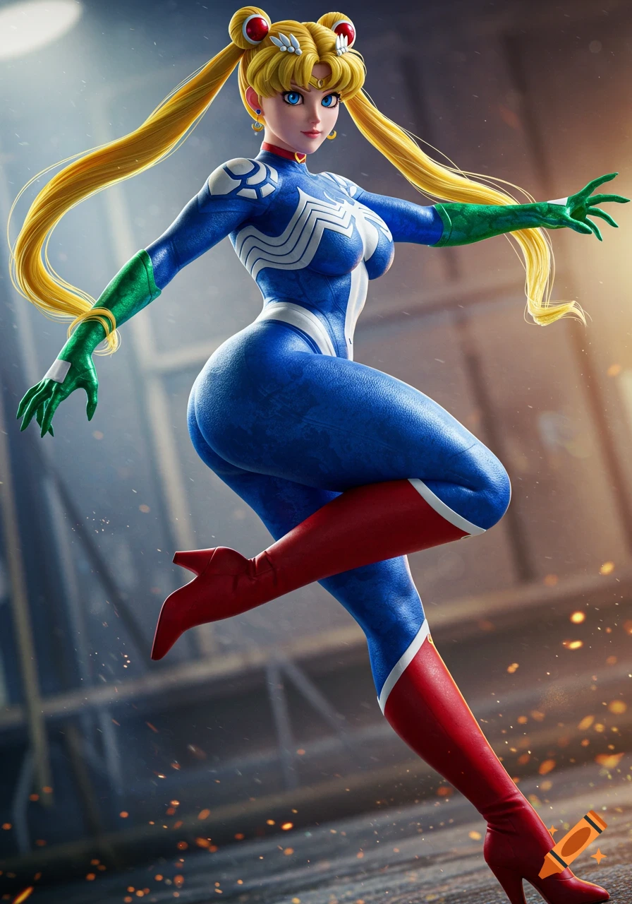 Sailor Moon in a tight blue Venom suit with red boots and green gloves, striking a pose.