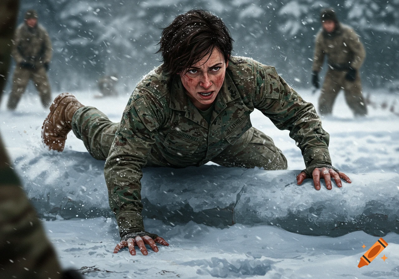 A woman soldier crawls through snow on an obstacle course in winter.
